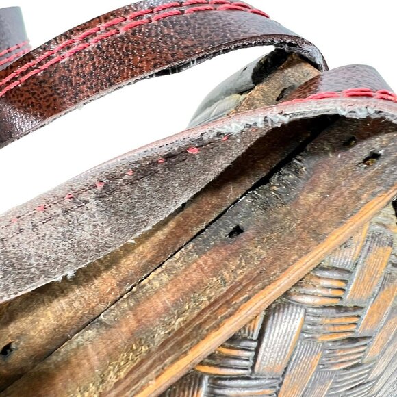 Vintage Wooden & Woven Leather Handbag Purse Brass Latch Hinges Straps - Picture 14 of 16